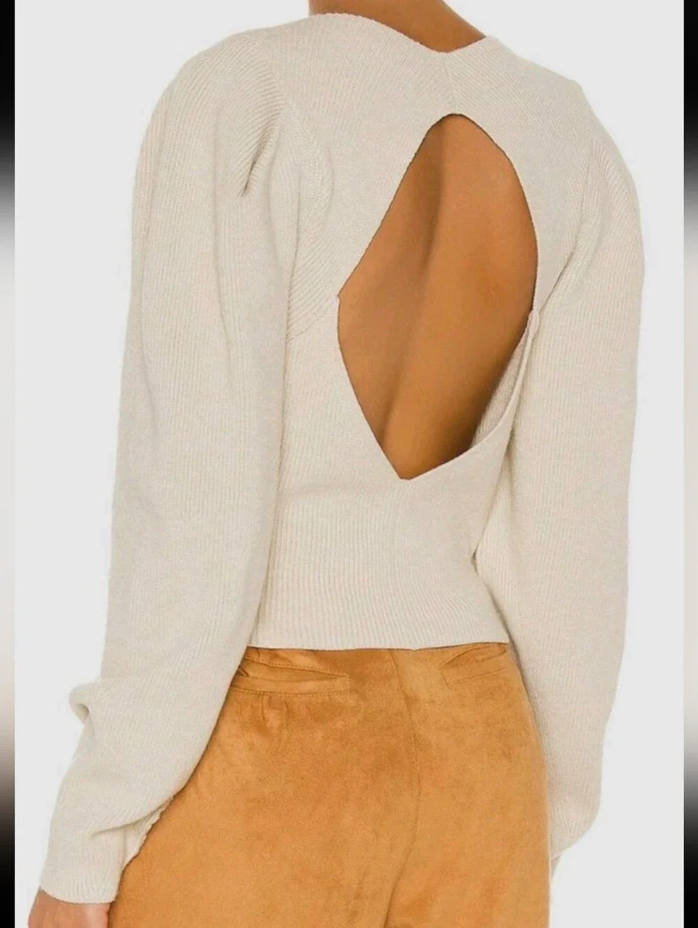 Free People Cream Ribbed Open-Back Long Sleeve Top-S